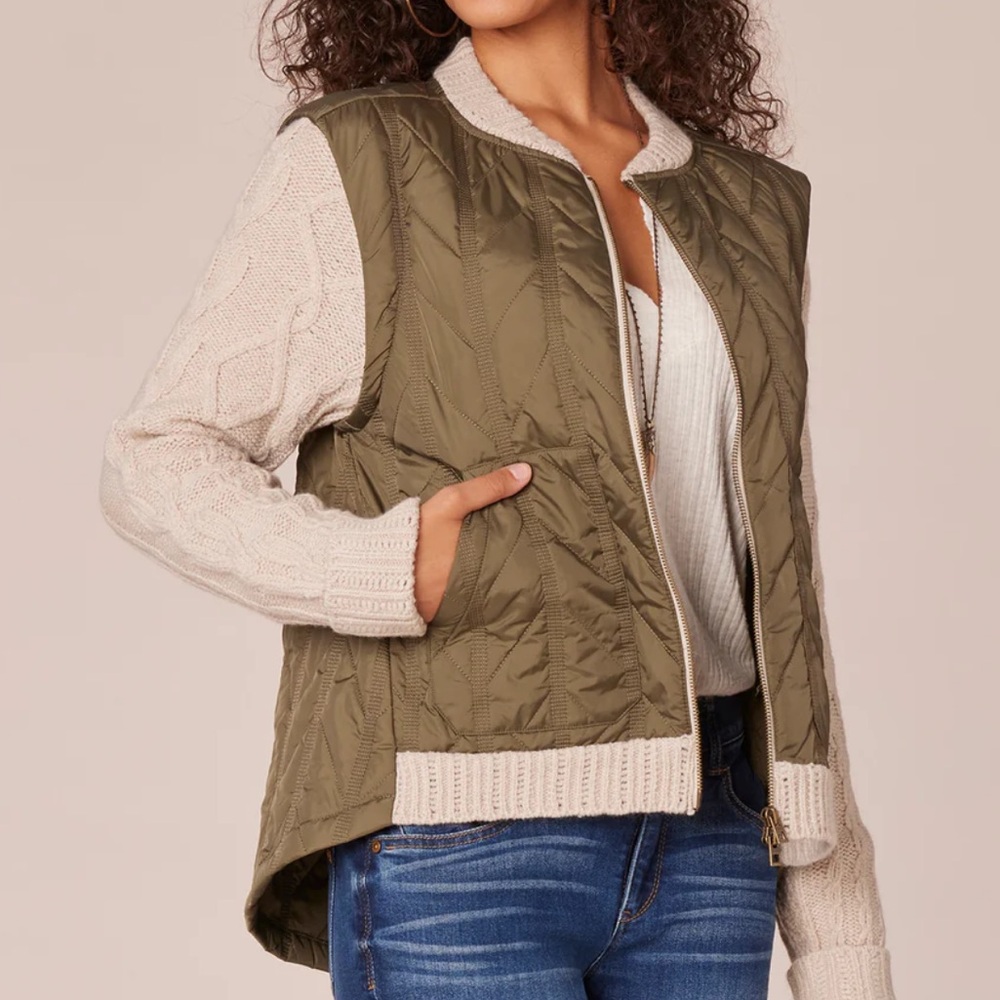 Democracy mixed-media quilted vest and cable-knit sweater jacket